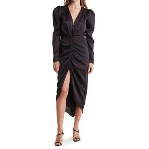 TORN BY RONNY KOBO Astrid Leopard Jacquard Satin Black Ruched Slit Dress